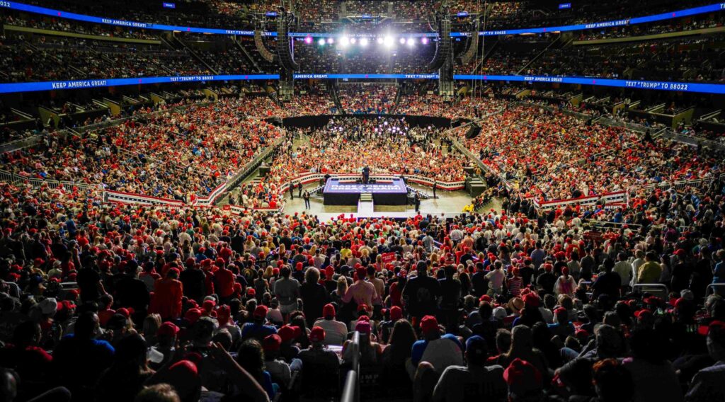 Photo: "Donald Trump announced the 2020 re-election campaign in Orlando, Florida, 18 June 2019." Credit: Dan Scavino, Public domain, via Wikimedia Commons