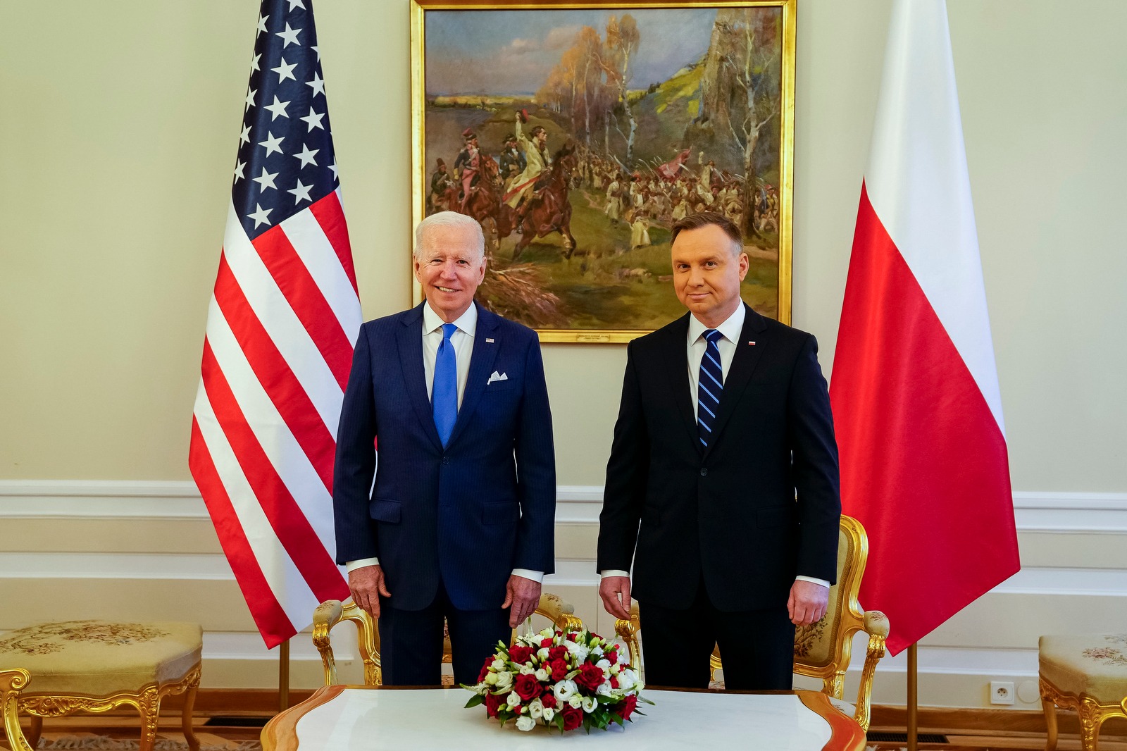 Photo: Today, I met with Polish President Andrzej Duda in Warsaw. I thanked him and the people of Poland for opening their homes and hearts to their neighbors in need. And we discussed our shared commitment to support the people and government of Ukraine. Office of the President of the United States, Public domain, via Wikimedia Commons. Source: https://www.facebook.com/POTUS/posts/404297165030586.